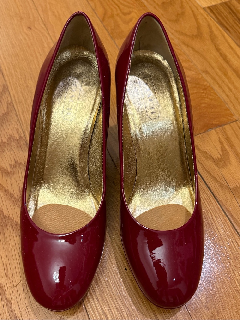 Coach red patent leather platform heels